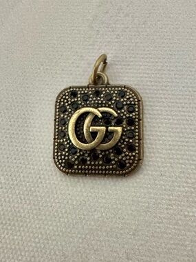 Gucci Upcycled Gold with Black Crystals Square Pendant, Iconic GG Logo, Charm